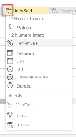 Screenshot che mostra le opzioni Tipo di dati per una colonna.