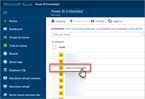 Screenshot del portale di Azure, che mostra l'elenco delle capacità di Power BI Embedded.