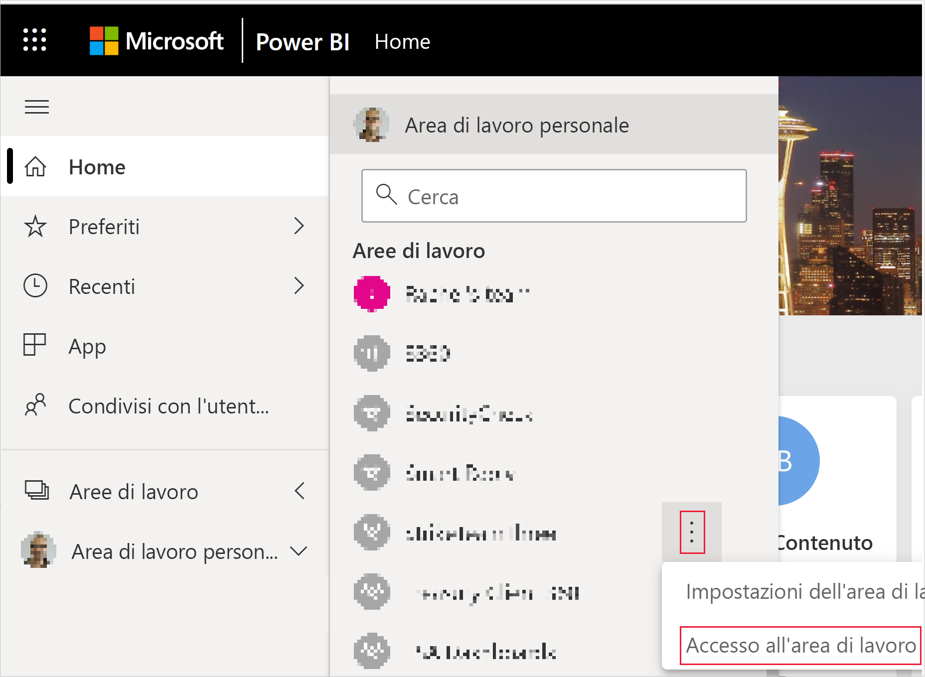 Screenshot del pulsante di accesso all'area di lavoro nel menu Altro di un'area di lavoro Power BI.