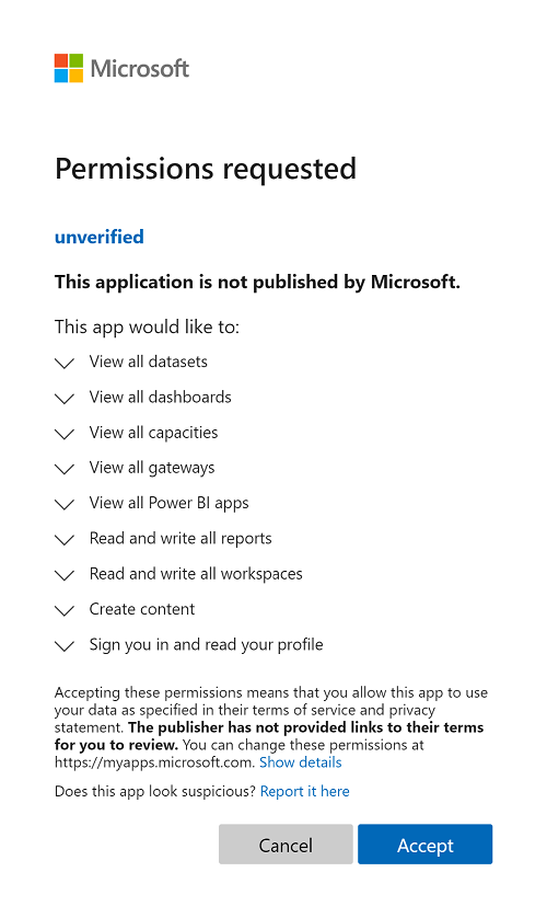 Screenshot della finestra popup Autorizzazioni richieste di Microsoft, che chiede ai clienti di concedere le autorizzazioni per l'accesso a Power BI.