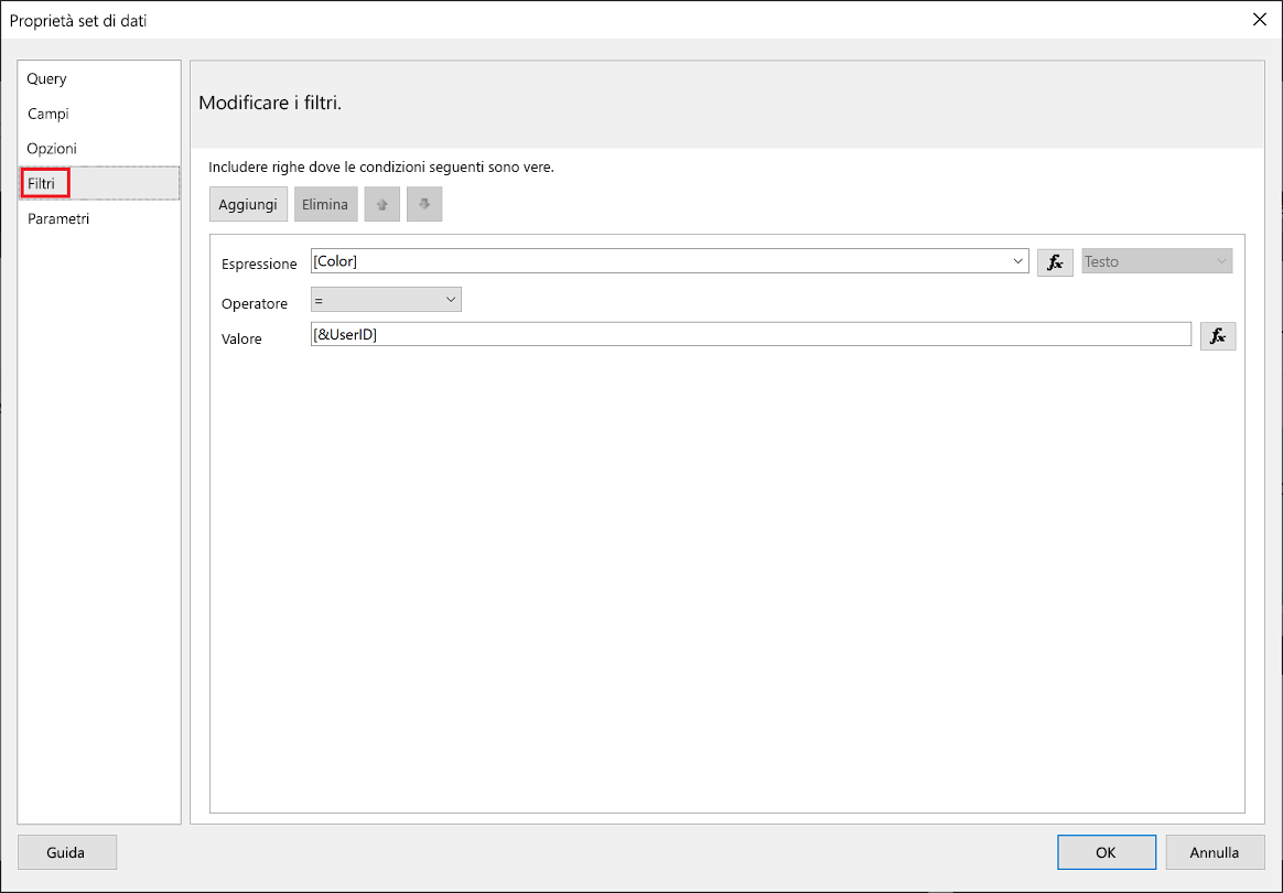 Screenshot del filtro Generatore report di Power BI.