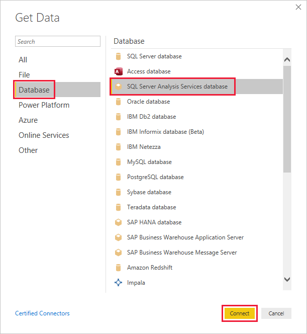 Connettersi al database di SQL Server Analysis Services