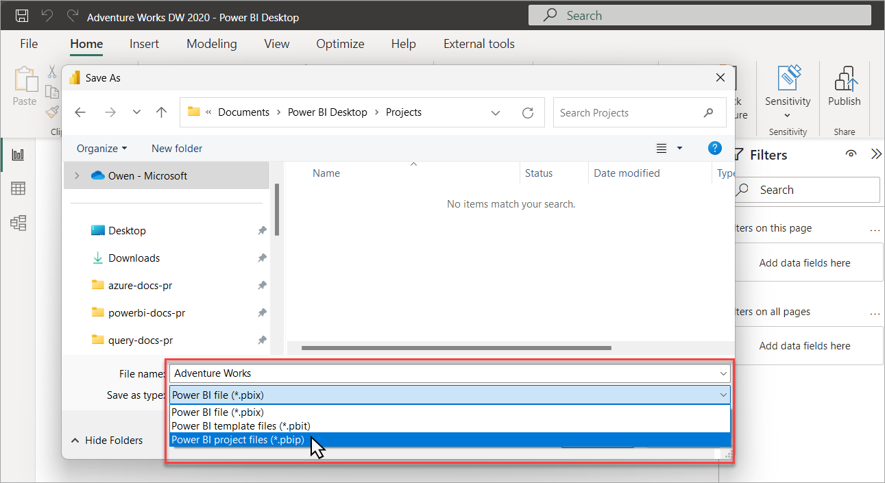 Schermata che mostra il salvataggio del file come progetto Di Power BI