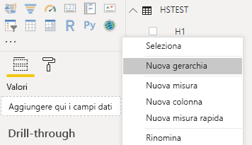 Nello screenshot viene visualizzato Power BI Desktop con la nuova gerarchia selezionata in un menu di scelta rapida.