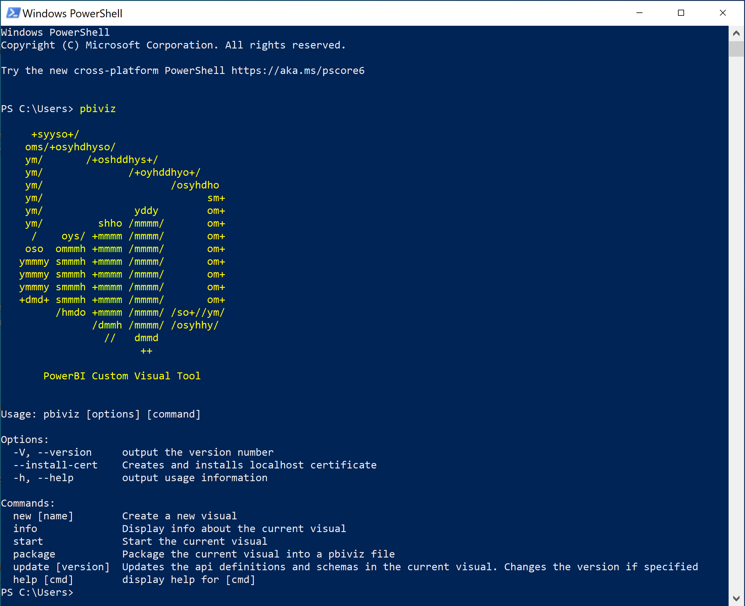 Screenshot dell'output dell'esecuzione del comando p b i viz in PowerShell.