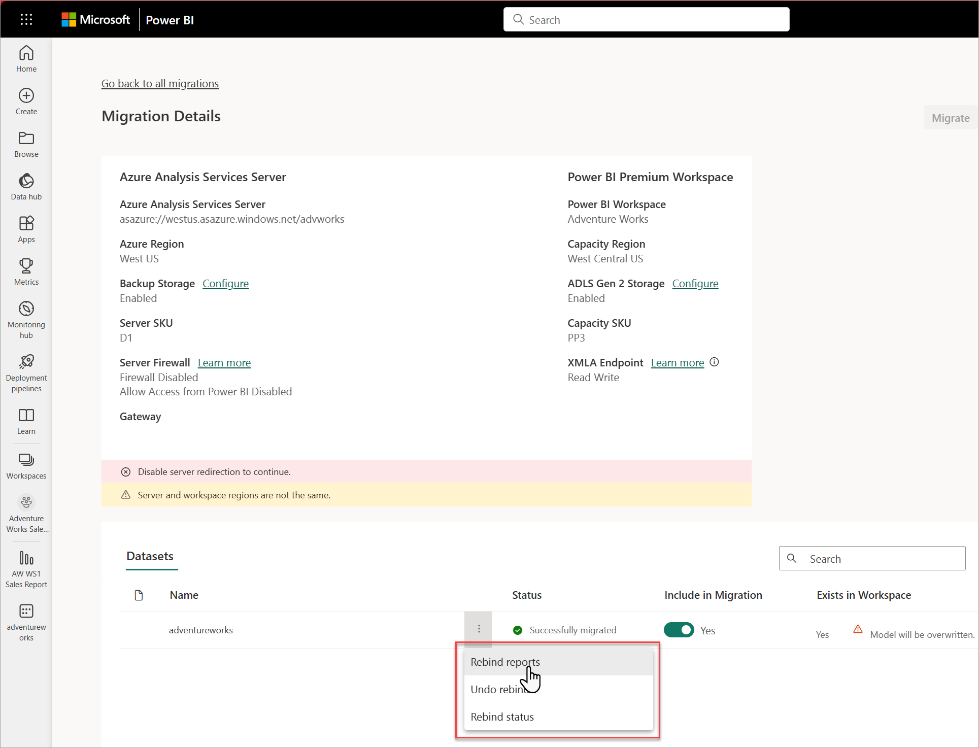 Connessione al server di migrazione