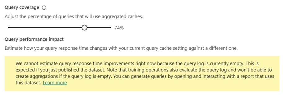 Screenshot della sezione di copertura delle query che mostra il dispositivo di scorrimento al 74%.