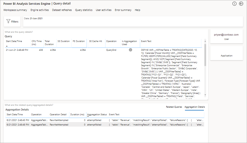 Screenshot che mostra il drill-through della cronologia delle query dell'analisi dei log.