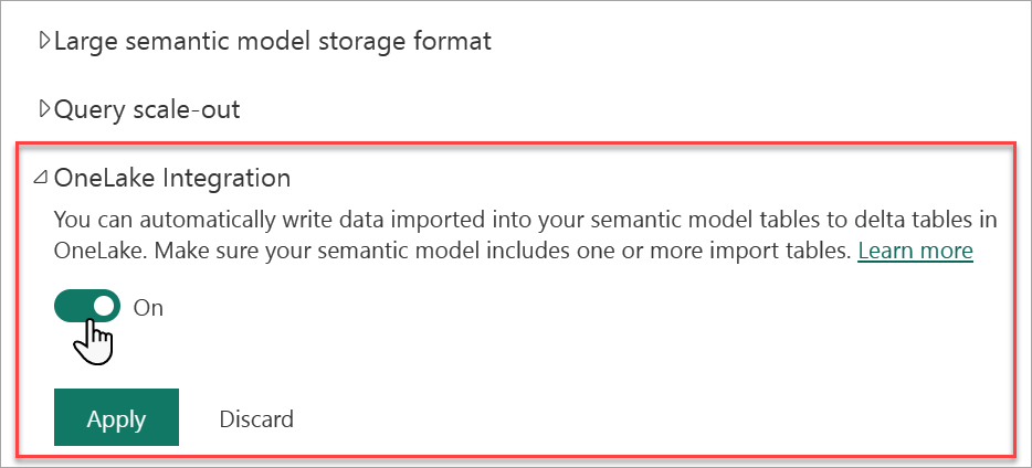 Abilitare l'integrazione di OneLake nelle impostazioni del modello.