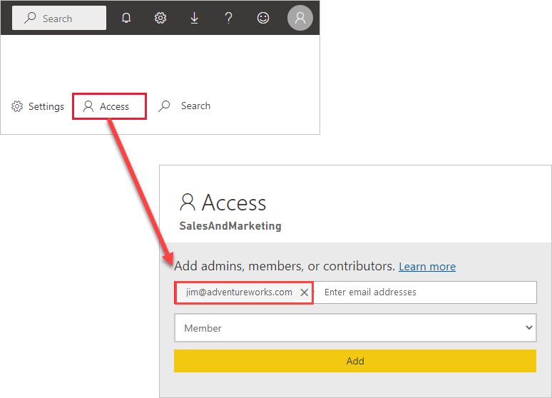 Screenshot dell'aggiunta di un utente esterno all'elenco di accesso dell'app in Power BI.