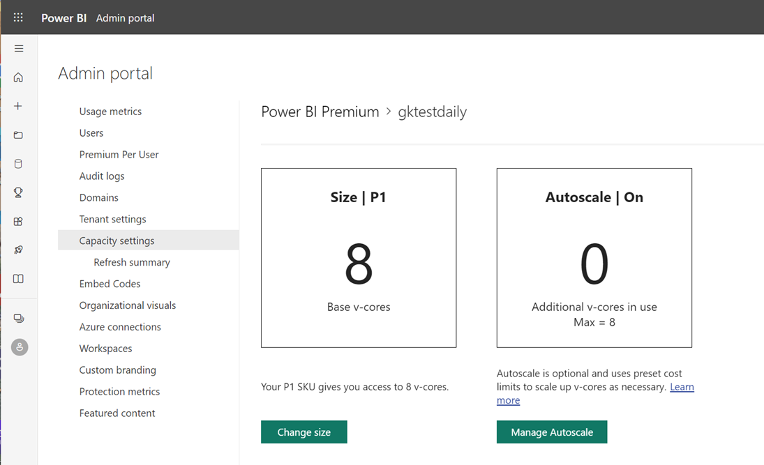 Screenshot della schermata del portale di amministrazione di Power BI che mostra le impostazioni della capacità P1.