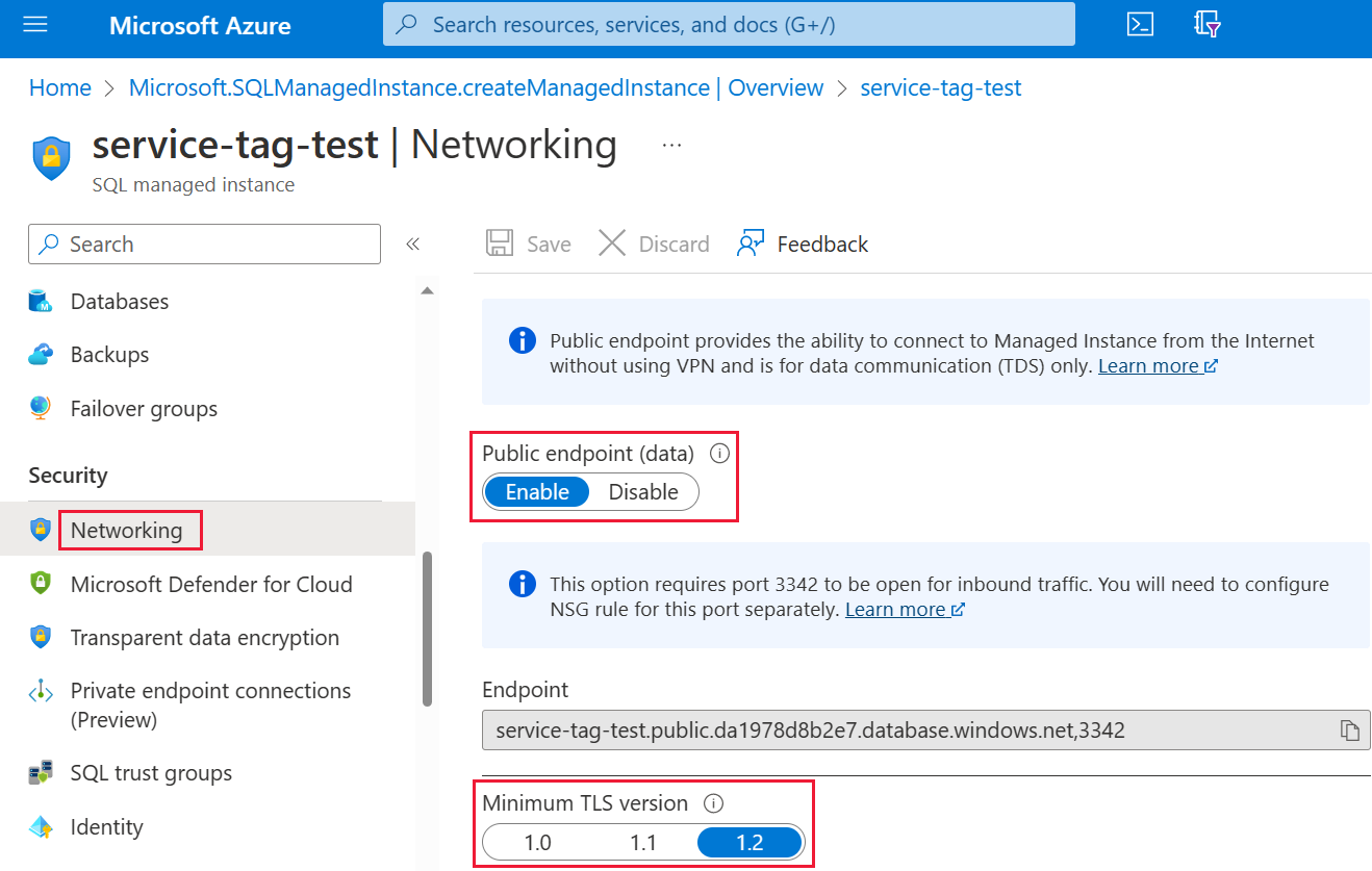 Screenshot del portale di Azure per abilitare gli endpoint pubblici.