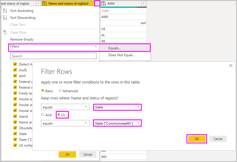 Screenshot di Power BI Desktop che mostra la finestra di query Filtra righe nell'editor di Power Query.