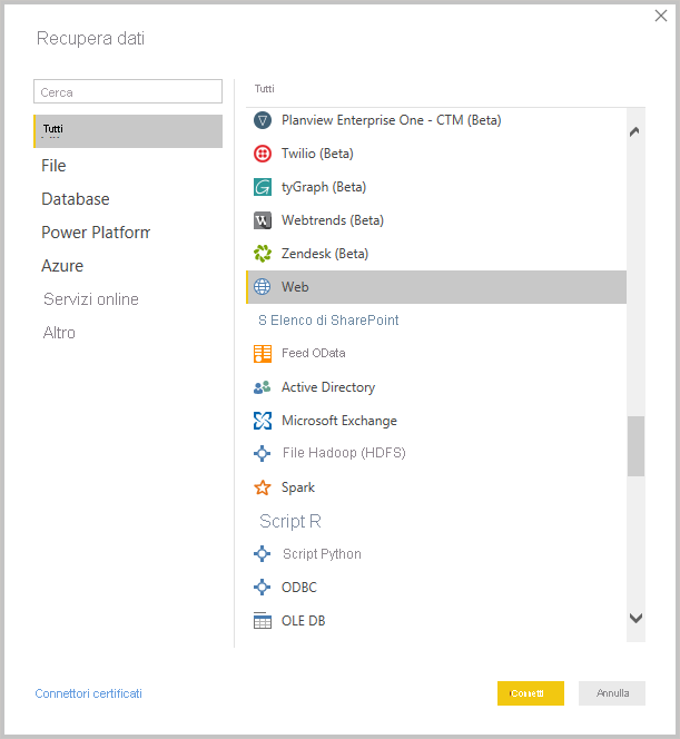 Screenshot di Power BI desktop che mostra lo strumento Recupera dati.