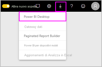 Screenshot del servizio Power BI che mostra l'opzione per il download di Power BI Desktop.