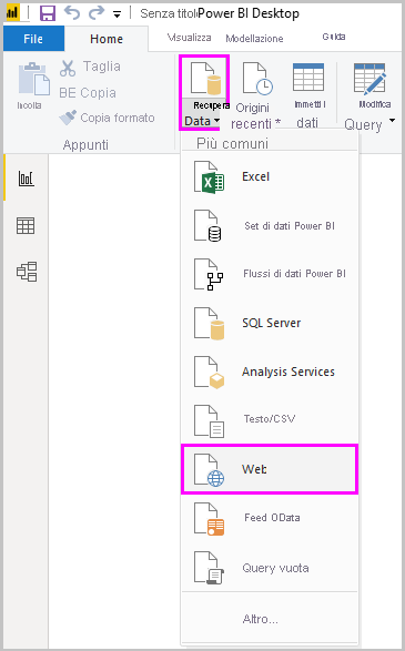 Screenshot di Power BI Desktop che mostra l'opzione Web dello strumento Recupera dati.