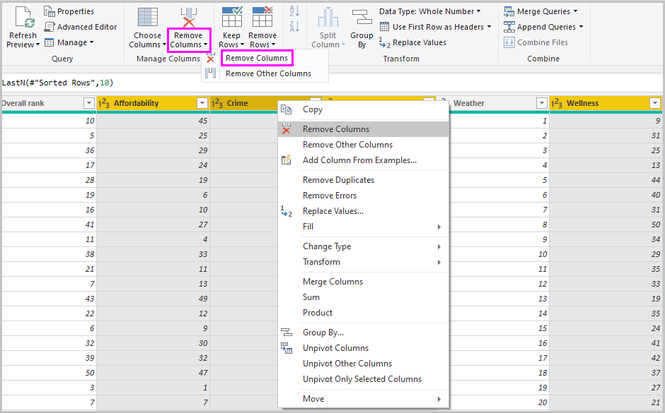 Screenshot di Power BI Desktop che mostra il comando Rimuovi colonne aggiunto a Passaggi applicati.