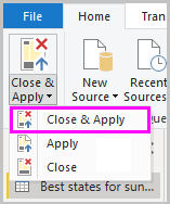 Screenshot di Power BI Desktop che mostra l'opzione Chiudi e applica.