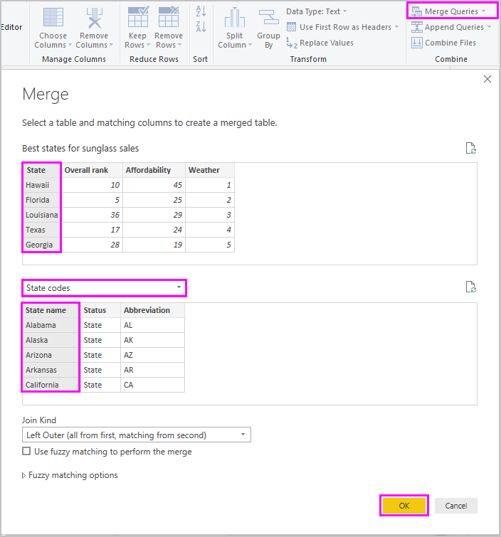 Screenshot di Power BI Desktop che mostra la finestra Merge per le query.