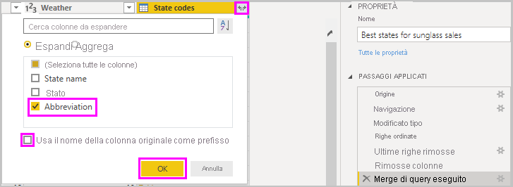 Screenshot di Power BI Desktop che mostra la colonna Abbreviation di State codes.