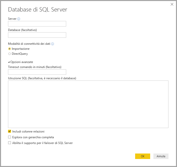 Screenshot of Power BI Desktop showing SQL Server database dialog box.