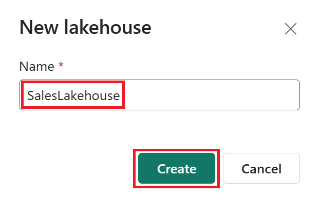 Screenshot della denominazione di un nome Lakehouse.