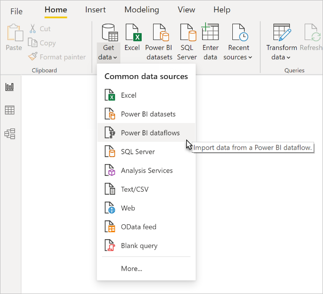 Screenshot di Power BI Desktop che evidenzia l'opzione Flussi di dati Power BI nell'elenco a discesa Recupera dati.