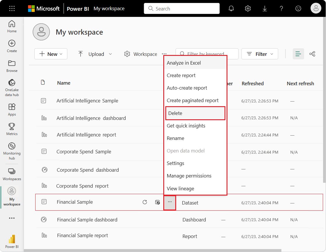 Screenshot che mostra come eliminare un modello semantico nell'area di lavoro personale.