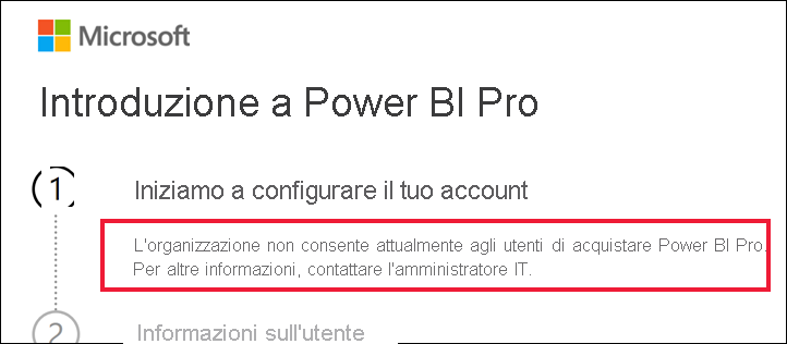 Screenshot della finestra di dialogo introduttiva che mostra il messaggio che l'organizzazione non consente agli utenti di acquistare Power BI Pro.