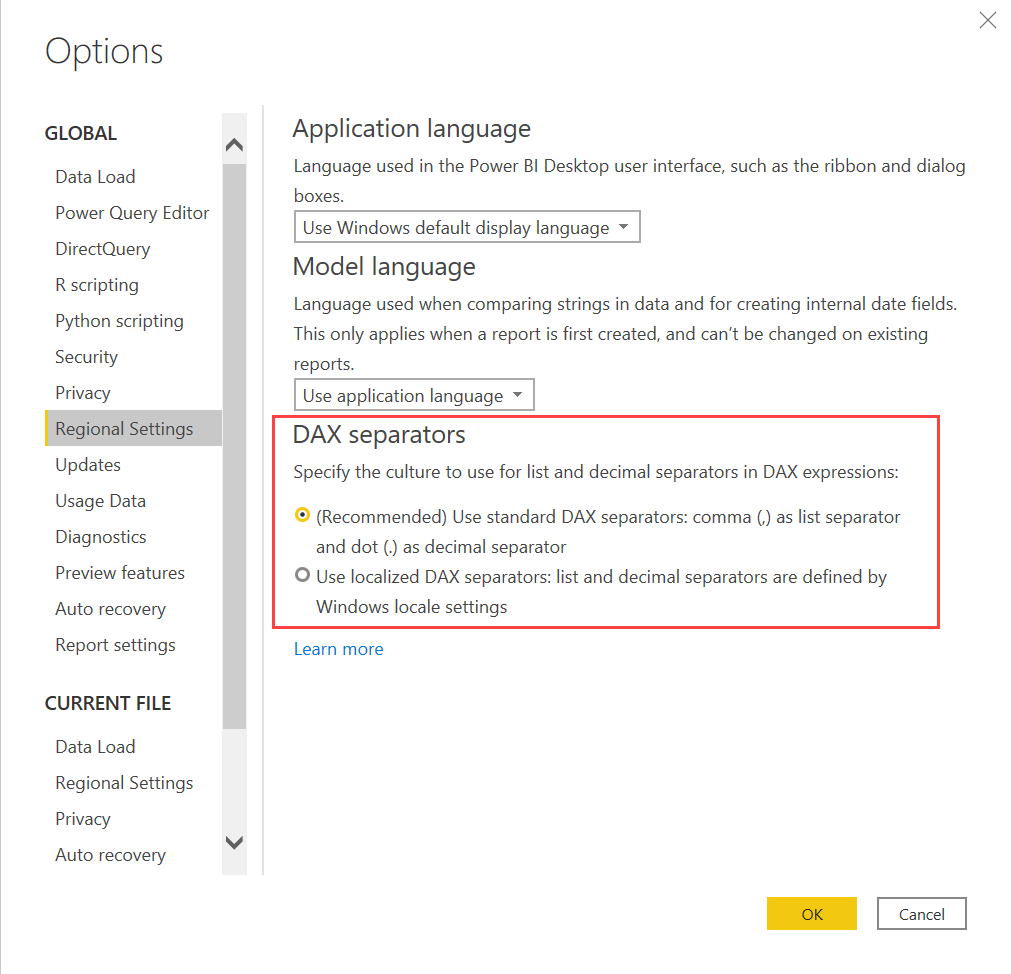 Screenshot di Power BI Desktop che mostra come scegliere i separatori DAX.