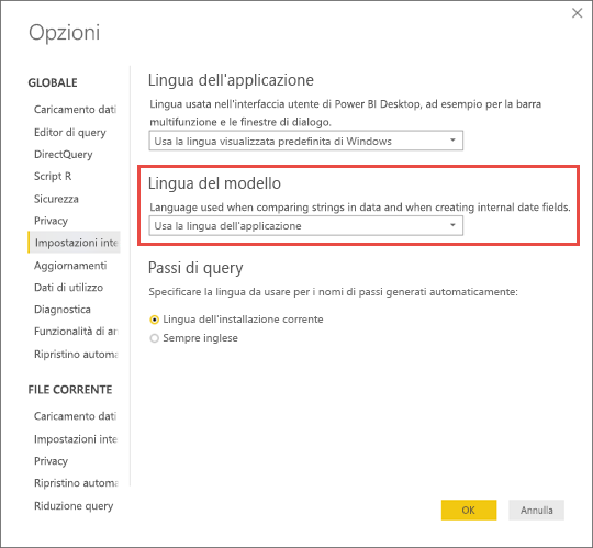 Screenshot di Power BI Desktop che mostra come impostare la lingua del modello.