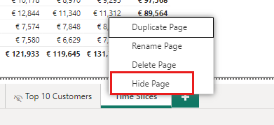 Screenshot che mostra le schede in un report di Power BI con tutte le schede nascoste tranne una.