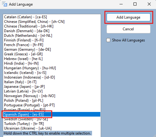 Screenshot che mostra il pulsante Aggiungi lingua in Translations Builder.