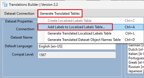 Screenshot che mostra Translations Builder con l’opzione Aggiungi etichette alla tabella Etichette localizzate selezionata.