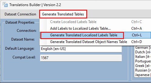 Screenshot che mostra Translations Builder con l’opzione Genera tabella Etichette localizzate selezionata.