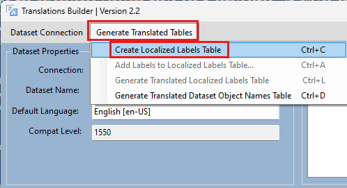 Screenshot che mostra Translations Builder con la tabella Crea etichette localizzate selezionata.