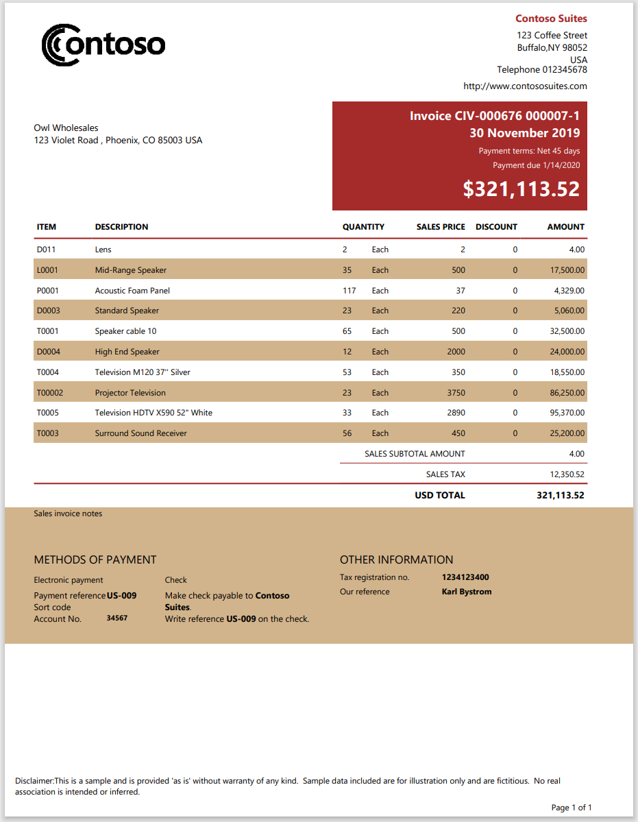 Screenshot dell'esempio di report impaginato di Power BI per una fattura.