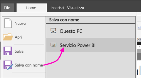 Screenshot che mostra l'opzione Pubblica nel menu File.