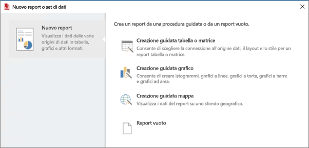 Schermata Nuovo report o set di dati