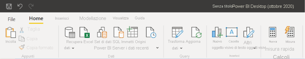 Screenshot della nuova barra multifunzione in Power BI Desktop per Server di report di Power BI.