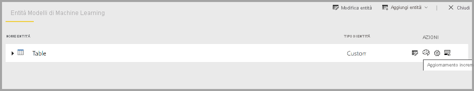 Screenshot che evidenzia l'azione di aggiornamento incrementale per una tabella.