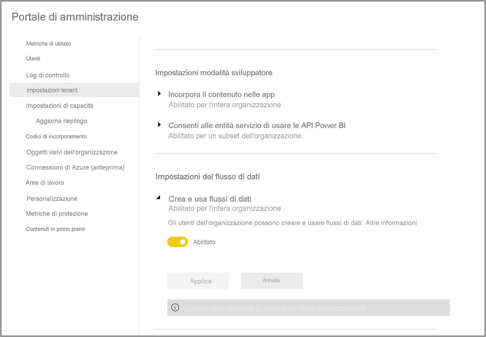 Portale di amministrazione per i flussi di dati in Power BI Premium