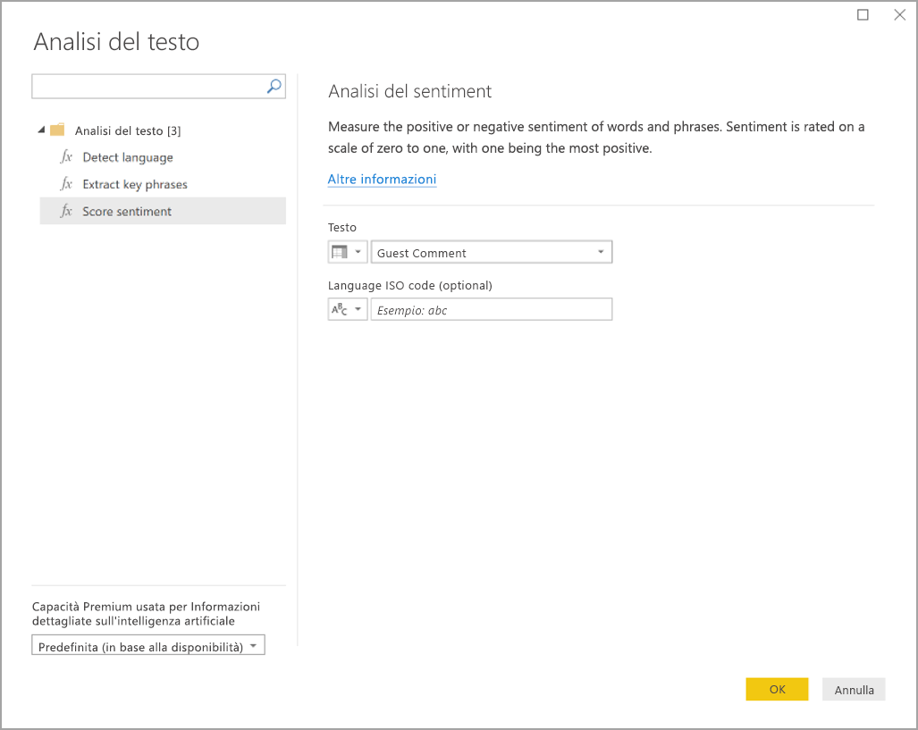 Screenshot della finestra di dialogo Analisi del testo che mostra la funzione Analisi del sentiment.