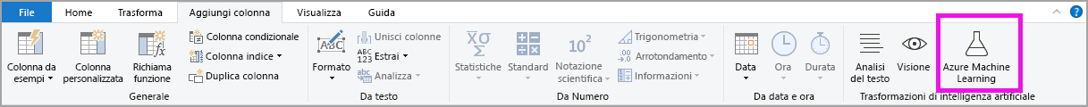 Screenshot del pulsante Azure Machine Learning nell'editor di Power Query.