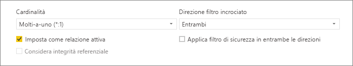 Screenshot della parte inferiore della finestra di dialogo Crea relazione che mostra le opzioni Cardinalità e Direzione filtro incrociato.