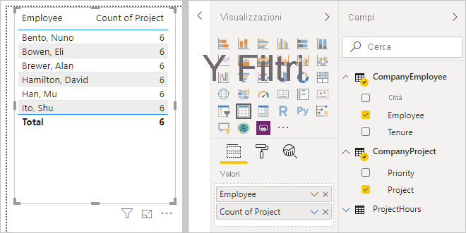 Screenshot della scheda di visualizzazione usata con i campi Employee e Project.