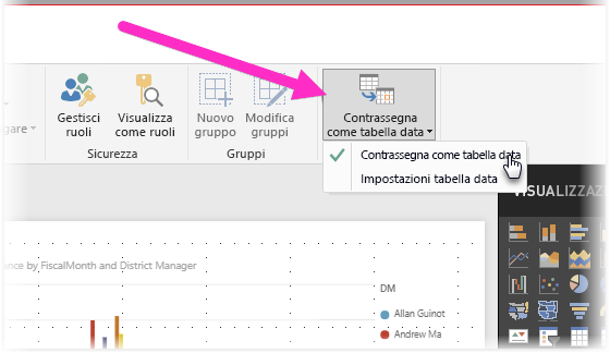 Screenshot di Power BI Desktop che mostra il pulsante Contrassegna come tabella data e il filtro delle opzioni.