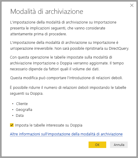 Screenshot che mostra una finestra di avviso che descrive i risultati della modifica della modalità di archiviazione in Importa.