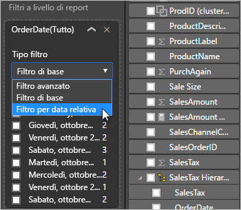 Screenshot che mostra l'opzione Data relativa evidenziata nell'elenco a discesa Tipo di filtro.