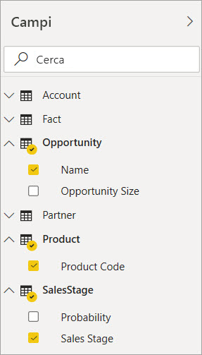 Screenshot che mostra la selezione dei campi Name, Product Code e Sales Stage.